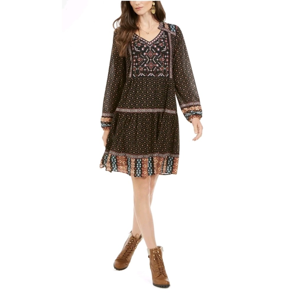 Style & Co Black Brown Boho Embroidered Beaded Floral Nylon Mesh Tiered Dress XL